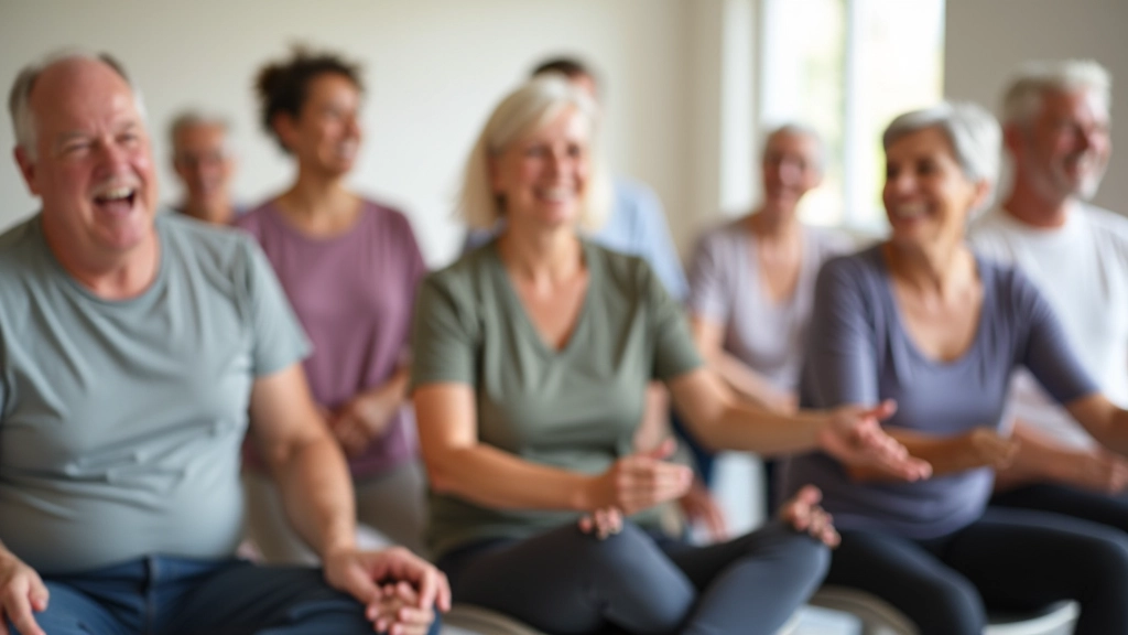 Group of diverse people aged 55-70 in a fitness class, smiling and engaged, bright studio setting with natural light
