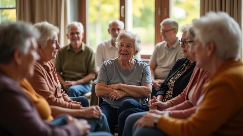 Group of people aged 55-75 sitting in a circle during a community discussion, engaged in conversation with natural lighting