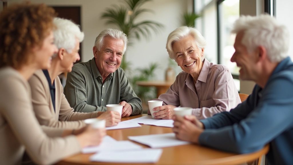 Group of diverse people aged 55-70 sitting around a table with coffee cups and smiling, warm community gathering in a bright cafe space
