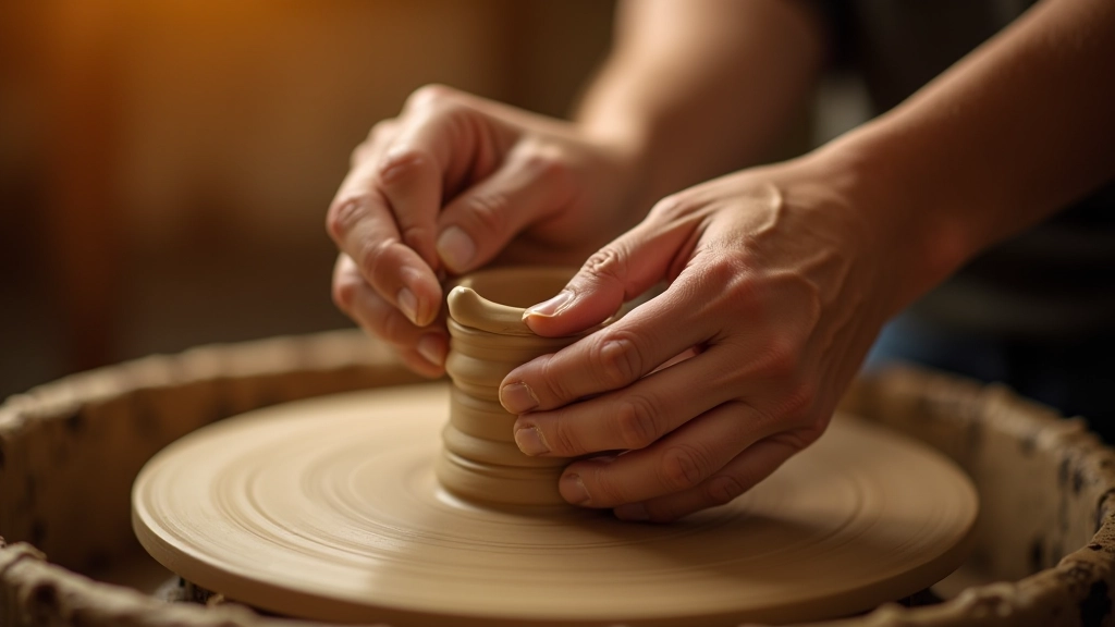 Hands shaping clay on a pottery wheel in a bright studio space, close-up showing the creative process of making ceramic work