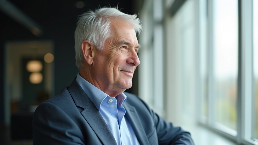 Mature professional reflecting on retirement journey in modern office setting with natural light