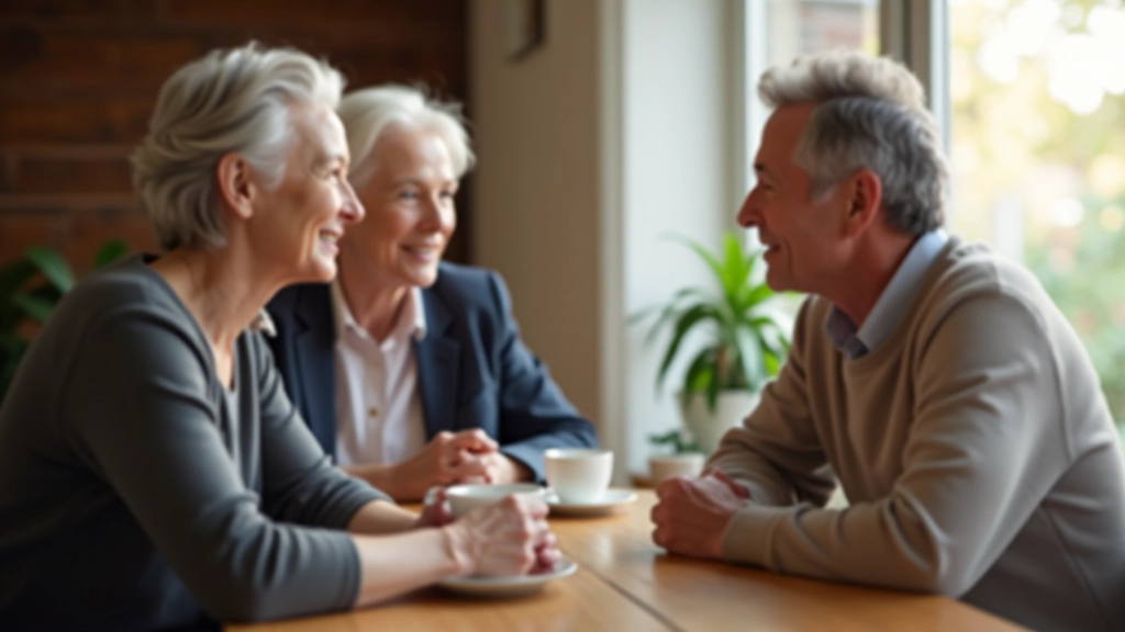 Two mature adults engaged in meaningful conversation during retirement planning session
