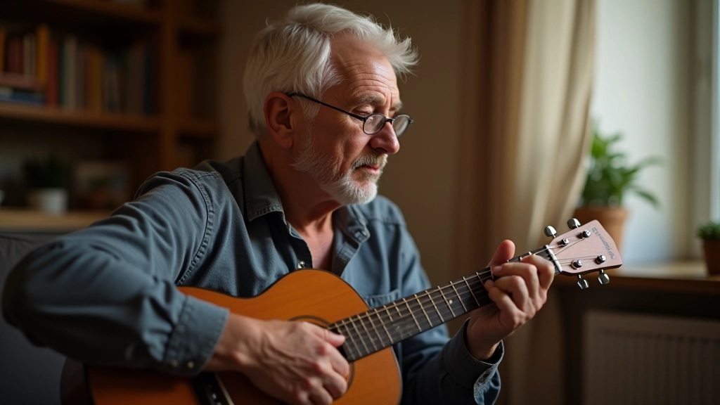 Person playing a stringed instrument, focused expression, hands positioned on instrument, warm indoor lighting