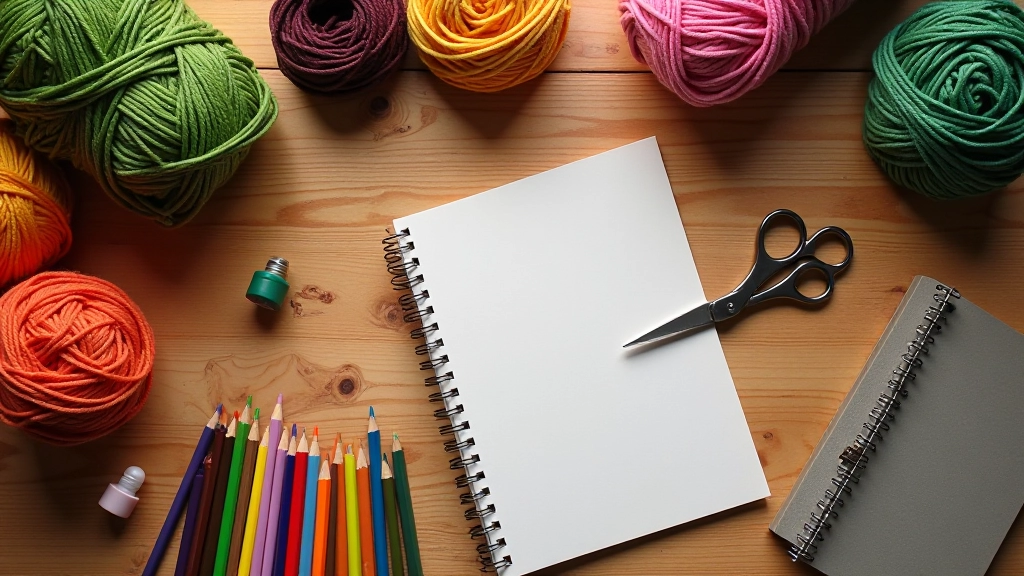 Overhead view of craft supplies including paintbrushes, colored pencils, yarn, and paper on a light wooden surface