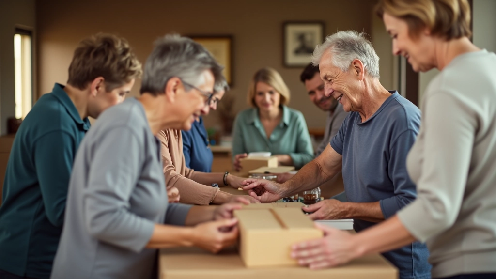 Group of diverse adults aged 55-70 engaged in volunteer activities, smiling while working together at a community center