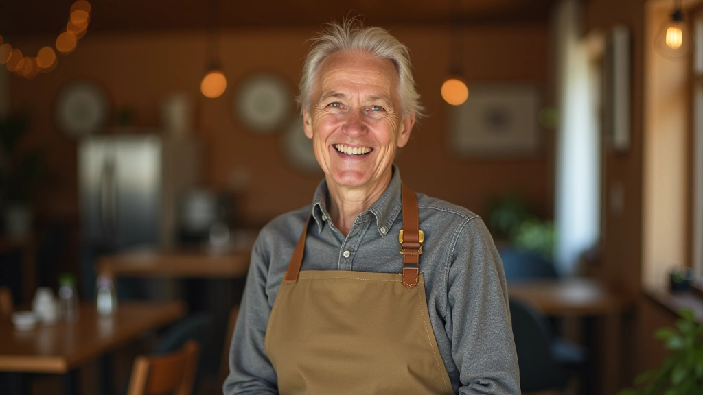 Person in their sixties standing confidently in a volunteer apron at a community center, smiling and engaged with their surroundings