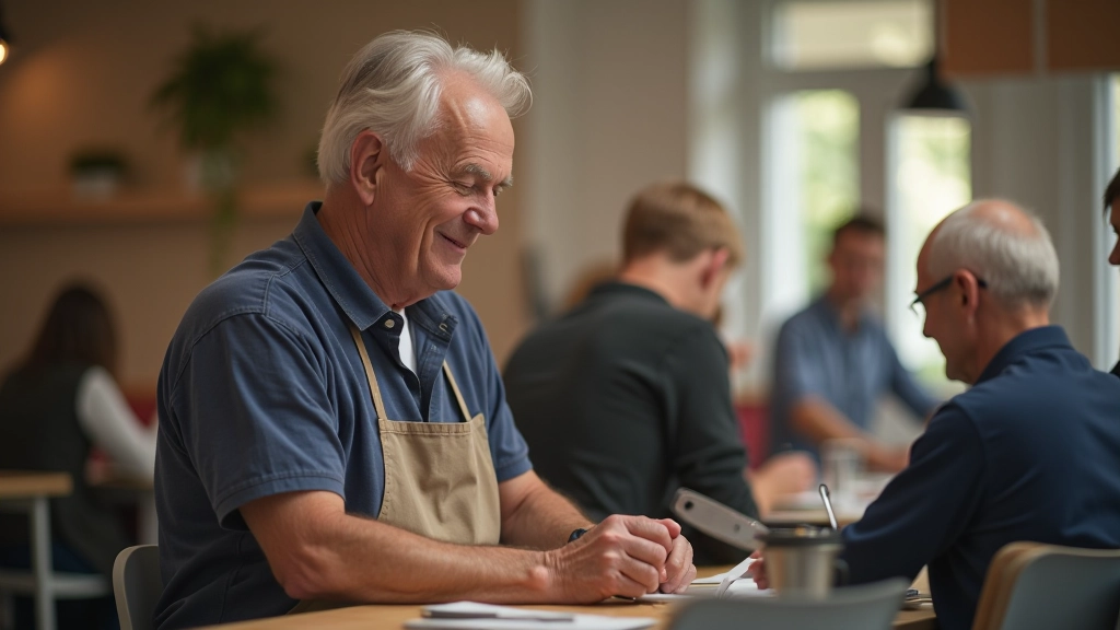 Older adult volunteer helping at a community event, engaged with visitors and smiling