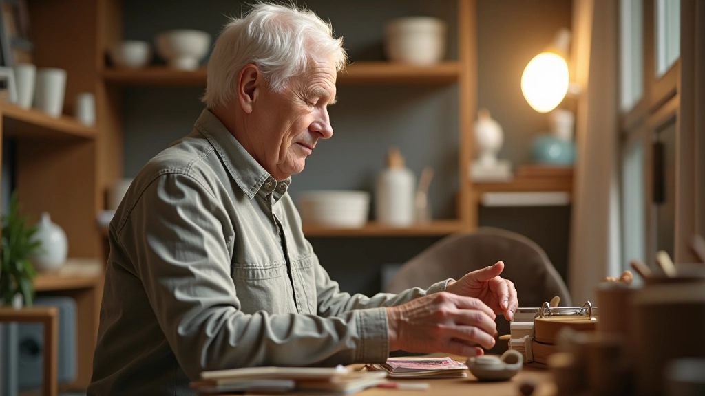 Older adult selecting from a variety of hobby materials on shelves in a bright craft studio, hands exploring different options