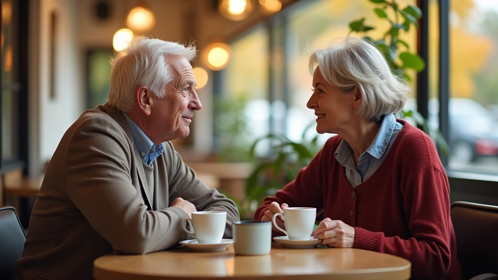Two people aged 60+ having coffee together at a café table, engaged in conversation with warm lighting from window