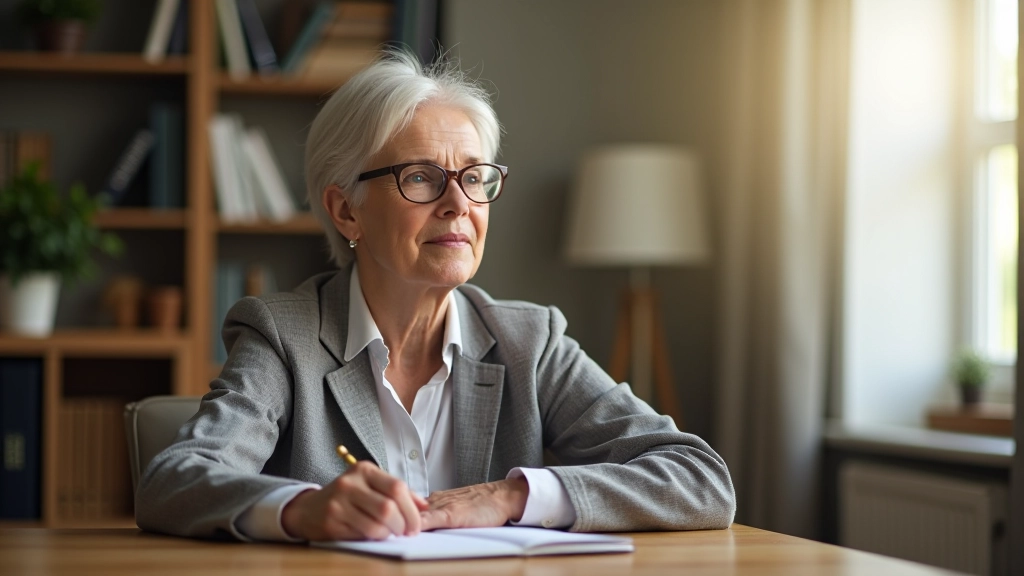 Professional woman in her sixties sitting at a wooden desk with a notebook and pen, morning sunlight streaming through a window, thoughtful expression while writing