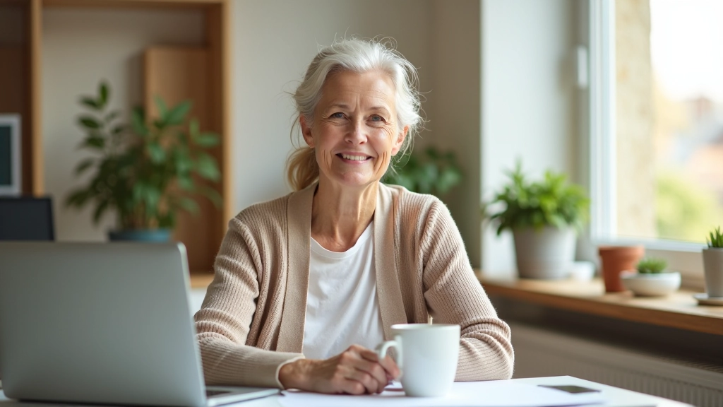 Woman aged 60 reflecting peacefully, exploring her identity and values in preparation for retirement transition
