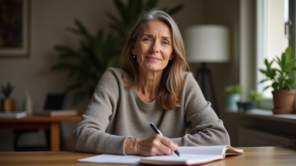 Person aged 55-65 sitting at a wooden table with a notebook and pen, thoughtfully reflecting, warm natural light from window, contemplative expression